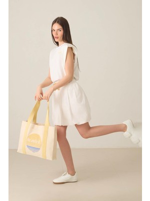 Setre Ekru %100 Pamuklu Belden Lastikli Bağlama Detaylı Etek