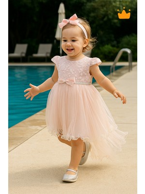 Minimony 0-24 Ay Kuyruklu Kız Bebek Çocuk Gelinlik Abiye Bayramlık Elbise Saç Bandı Set Somon 1002