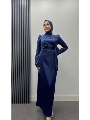 Tesettür Diyarı Yandan Bağlamalı Saten Abiye-Lacivert