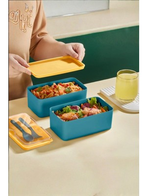 Orvila Mega Boy 2 Katlı Yemek Saklama Kabı 2 Litre - Kendinden Çatal Kaşık Servisli Lunch Box Set