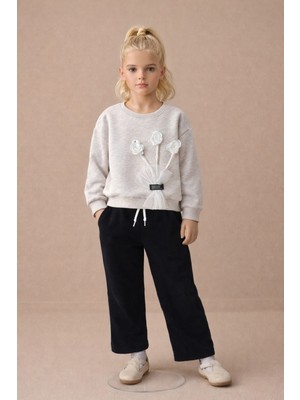 G-Smart Kids Çiçek Detaylı Geniş Paça Kız Çocuk Eşofman Takım 3-10 Yaş