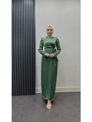 Tesettür Diyarı Yandan Bağlamalı Saten Abiye-Yeşil
