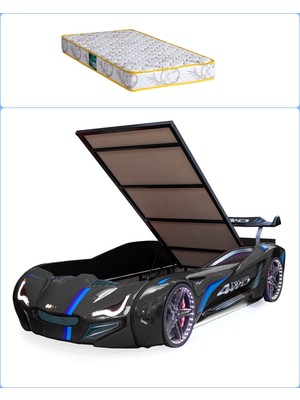 Setay Arabalı Yatak, Mercedes Full Ledli Rüzgarlıklı Bazalı Arabalı Yatak - Siyah + 1 Adet Comfort Yatak