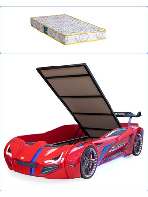 Setay Arabalı Yatak, Mercedes Full Ledli Rüzgarlıklı Bazalı Arabalı Yatak - Kırmızı + 1 Adet Comfort Yatak