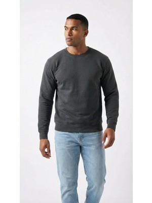 Kly Erkek Bisiklet Yaka Uzun Kollu Basic Sweatshirt %100 Pamuk Füme Renk C4T0N5