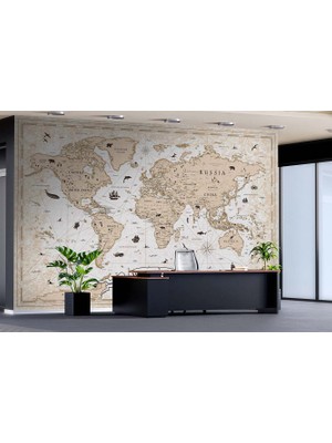 Grown Seyahat Sembolleri ve Hayvan Ikonlarıyla Vintage Harita Duvar Kağıdı