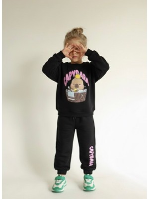 Matu Kids Siyah Capybara Baskılı 3 Iplik Kız Çocuk Eşofman Takım 3-10 Yaş