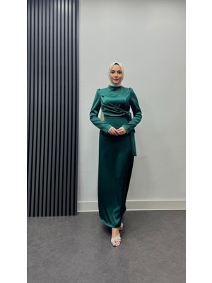Tesettür Diyarı Yandan Bağlamalı Saten Abiye-Zümrüt