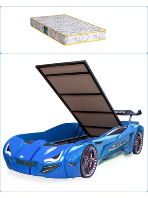 Setay Arabalı Yatak, Mercedes Full Ledli Rüzgarlıklı Bazalı Arabalı Yatak - Mavi + 1 Adet Comfort Yatak