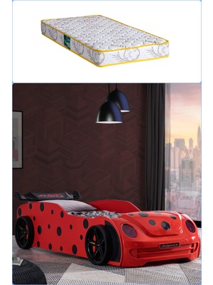Setay Arabalı Yatak, Ladybird Ledli Arabalı Yatak - Kırmızı + 1 Comfort Yatak