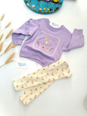 Genel Tavşan Nakış Çiçek Taytlı 2'li Tk. Lila - 12 Ay