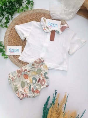 Genel Bebe Yaka Tişört&geometrik Desen Şort 2'li Tk. Ekru - 0-1 Ay