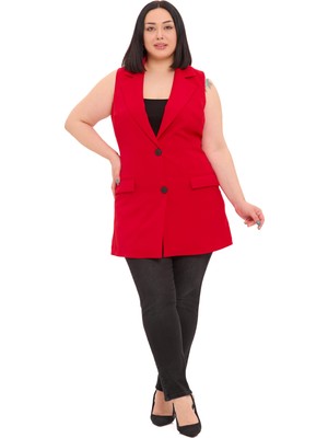 Disentis Modest Büyük Beden Düğmeli Kapaklı Cepli Astarlı Uzun Kırmızı Yelek
