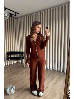 Sue Store Kahve Gold Düğmeli Bluz Pantolon Soft Touch Takım