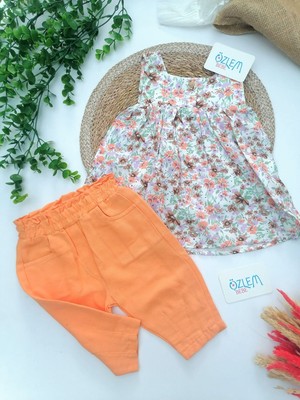 Tuffy Çiçekli Askılı Gömlek Müslin Pantolon 2'li Takım Oranj - 6 Ay