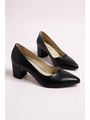 Modayak Zarif Siyah Kalın Topuk Sivri Burun Topuklu Ayakkabı