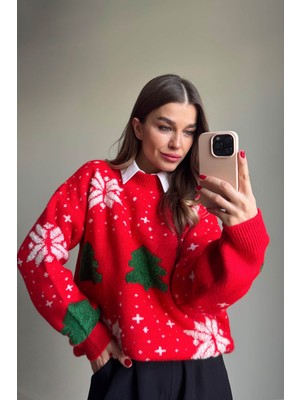 Sue Store Kırmızı Yeşil Çam Ağaçlı Triko Kazak