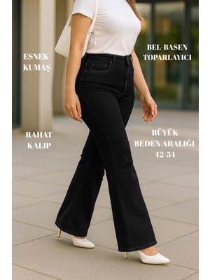 Cedy Denım - Kadın Siyah Büyük Beden Ispanyol Paça Yüksek Bel Skinny Fit Likralı Pantolon  C628