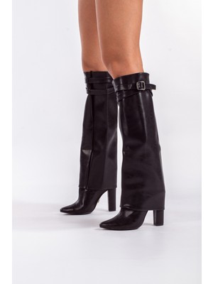 Ayakkabı Prensi Love Giydirmeli Siyah Mat Siyah 10 cm Kadın Çizme, Topuklu Çizme