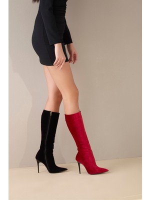 Ayakkabı Prensi Arawelo Siyah Kirmizi 10 cm Kadın Çizme, Topuklu Çizme