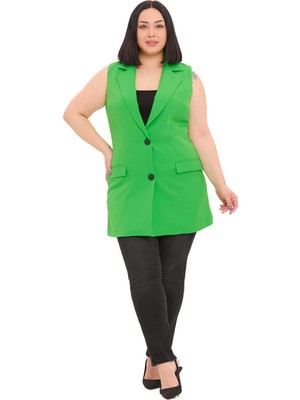 Disentis Modest Büyük Beden Düğmeli Kapaklı Cepli Astarlı Uzun Yeşil Yelek
