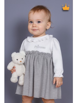 Minimony 3-24 Ay Prenses Yazılı Simli Penye Kız Bebek Bayramlık Elbise Gri 1100