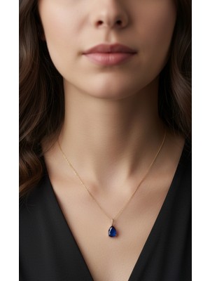 Artepieza Altın Renk Sıra Taşlı Lacivert Damla Model Sf Zincir Çelik Kolye-Zarif Lacivert Safir Damla Kolye