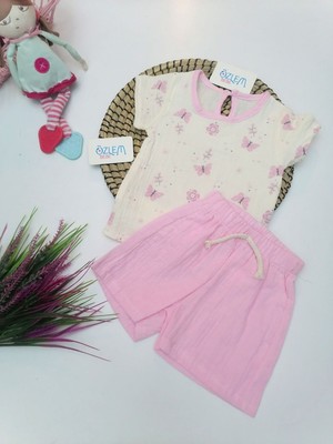 Genel Çiçek Kelebek Şortlu Müslin 2'li Takım Pembe - 12 Ay