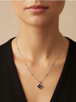 Artepieza Gümüş Renk Van Cleef Yonca Siyah Taşlı Model Top Zincir Çelik Kolye
