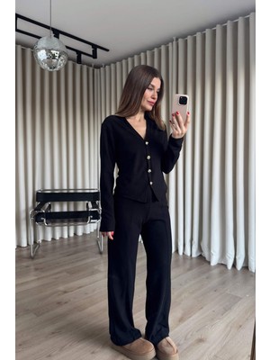 Sue Store Siyah Gold Düğmeli Bluz Pantolon Soft Touch Takım