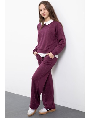 Cansın Mini Bordo Taş Detaylı  Pantolonlu Kız Çocuk 3lü Gömlekli Takım  23479