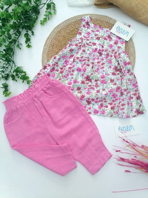 Tuffy Çiçekli Askılı Gömlek Müslin Pantolon 2'li Takım Pembe - 9 Ay