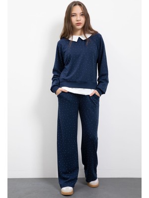 Cansın Mini Lacivert Taş Detaylı  Pantolonlu Kız Çocuk 3lü Gömlekli Takım  23478