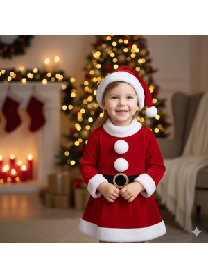 Dodomar 2–3 Yaş Kız Çocuk Noel Baba Kostümü – Şapkalı ve Kemerli Yılbaşı Elbise Seti