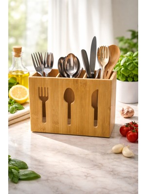 Bambu 3 Bölmeli Kaşıklık Tezgah Üstü Organizer Çatal Kaşık Bıçak 23*16CM