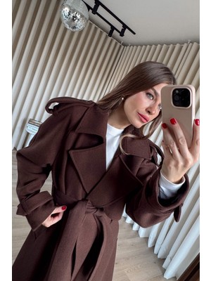 Sue Store Kahverengi Kruvaze Astarlı Apolet Detaylı Kemerli Yün Kaban