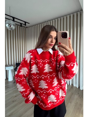 Sue Store Kırmızı Beyaz Çam Ağaçlı Triko Kazak