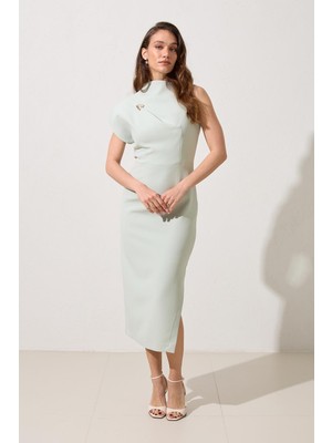 Setre Su Yeşili Tek Omuz Detaylı Tam Kalıp Uzun Elbise