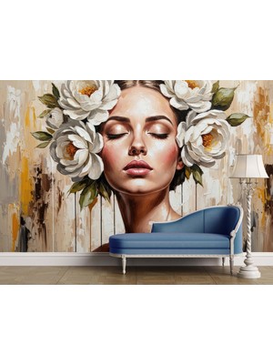 Grown Beyaz Şakayık Taçlı Zarif Kadın Portresi Duvar Kağıdı