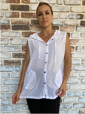 Kadın Kolsuz Kapüşonlu Çift Cepli Gömlek