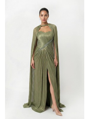 Setre Zümrüt Straplez Yaka Detaylı Dökümlü Abiye Elbise