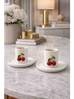 2 Kişilik Beyaz Porselen Fenomen Kiraz Kahve Fincan Takımı Sunum Fincanı