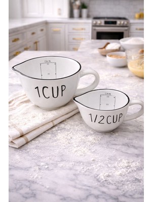 Yzhome Veva Desenli Beyaz Porselen 2'li Ölçü Bardağı Seti 240 ml ve 480 ml Kahve Çay Sunumu