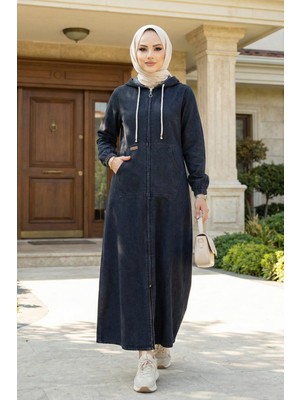 Kadın Kapüşonlu, Cepli ve Fermuarlı Denim Siyah Kot Kap