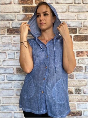 Kadın Kolsuz Kapüşonlu Çift Cepli Gömlek