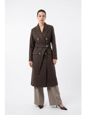 Setre Acı-Kahve Düğme Detaylı Kuşaklı Uzun Kaban