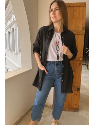 Kadın Komple Düğmeli Keten Pamuk Gömlek Oversize