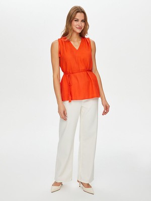 Faik Sönmez Resort Saç Örgüsü Kordon Detaylı Viskon Keten Kolsuz Bluz S25BLZ060