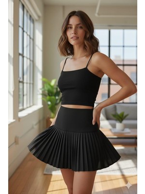 Elaxi Kadın Duble Kumaş Pileli Mini Etek