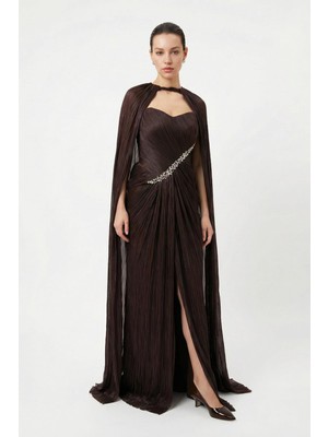 Setre Kahve Straplez Yaka Detaylı Dökümlü Abiye Elbise